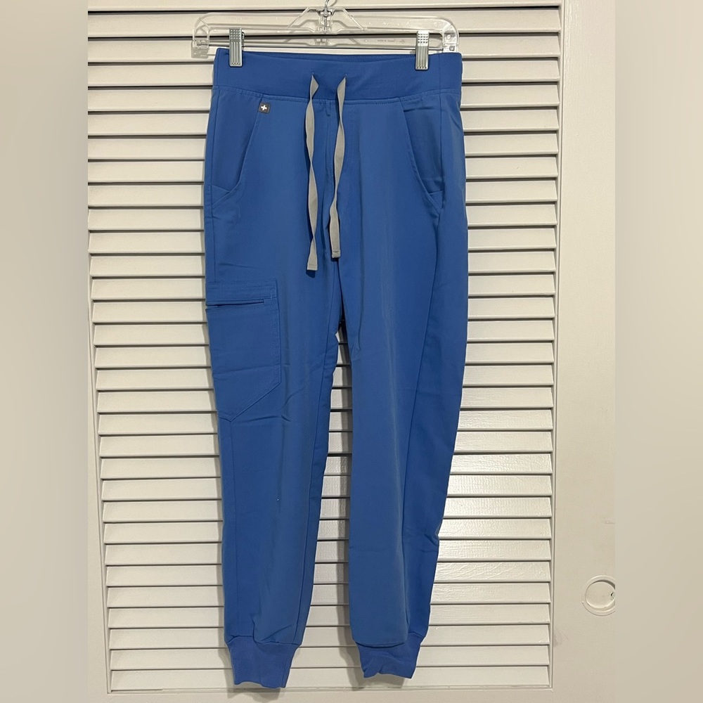 Ceil blue FIGS jogger scrub pants.